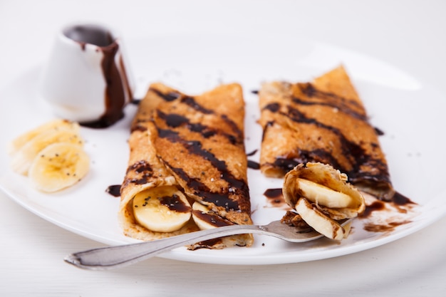 Pannenkoeken met banaan en chocolade topping