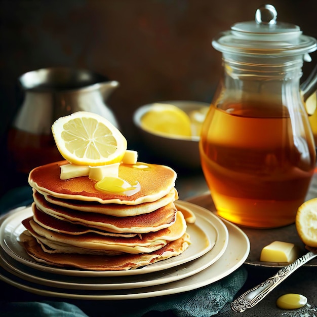 Pannenkoeken met boter en honing en citroenthee voor selectieve focus bij het ontbijt