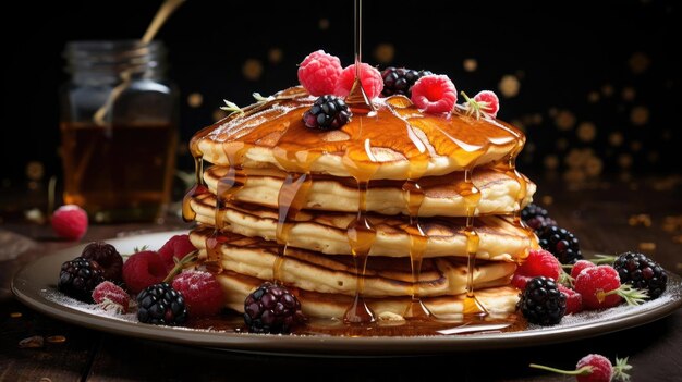 pannenkoeken met gesmolten zoete siroop met stukjes fruit op tafel met onscherpe achtergrond