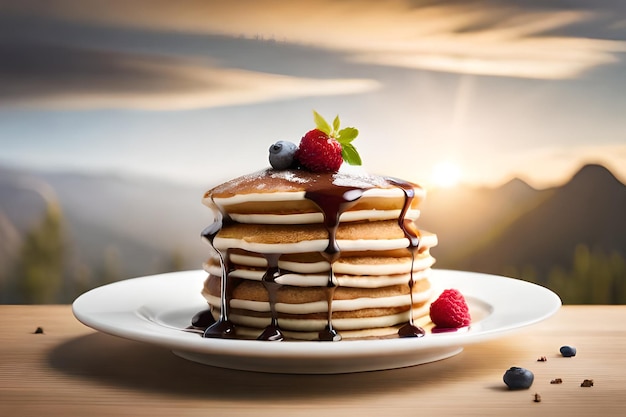 Pannenkoeken met siroop en bessen op een bord