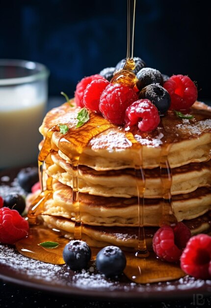 pannenkoeken met siroop en bessen op een tafel