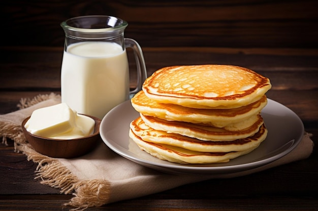 Foto pannenkoeken op een bord met boter en melk smaakvolle pannenkoekjes op een bord