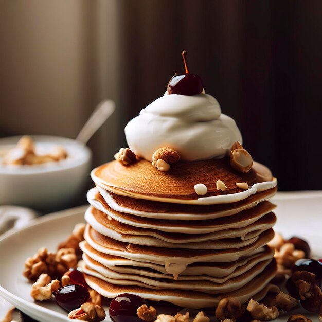 Pannenkoekentoren met yoghurtnootjes en kersenjam