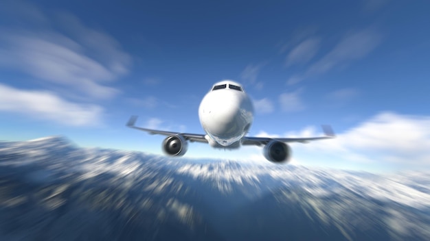 Panning comercial airplane flying over the snowy mountains