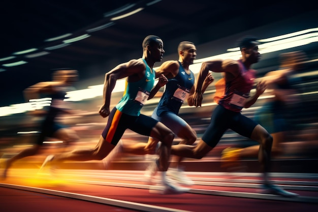 panning photo of athletes running on an olympic running track