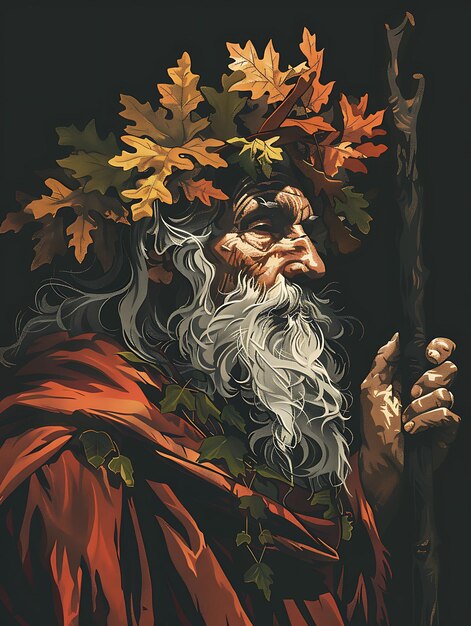 Pannonian Druid Man Portrait Wearing a Robe and Oak Leaf Cro Tshirt Design Art Tattoo Ink Frames