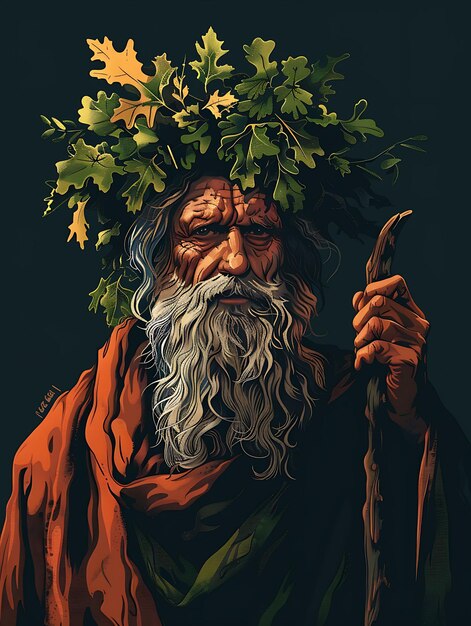 Pannonian Druid Man Portrait Wearing a Robe and Oak Leaf Cro Tshirt Design Art Tattoo Ink Frames