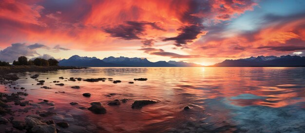 Panoraambeeld van een prachtige zonsondergang over een meer met bergen op de achtergrond