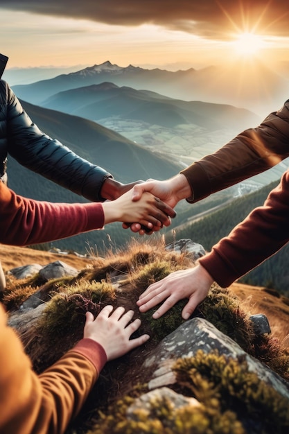 Panoraambeeld van een team van mensen die elkaar de hand houden en elkaar helpen om de top van de berg te bereiken in een spectaculair zonsonderganglandschap