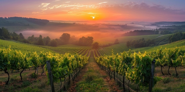 Panoraambeeld van een wijngaard met rijen wijnstokken bij zonsopgang, geplant op een prachtig heuvelachtig landschap