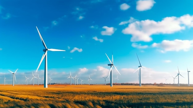 Panoraambeeld van een windpark of windpark met hoge windturbines voor de opwekking van elektriciteit met kopieerruimte groen energieconcept Generatieve AI-illustrator