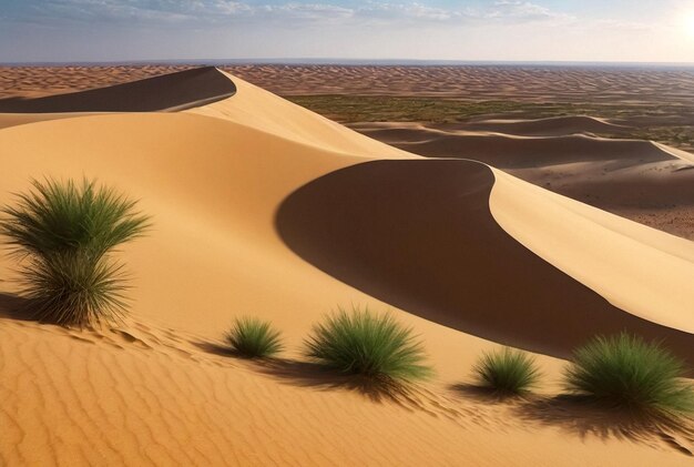 Foto panoraambeeld van het landschap sahara woestijn zandduinen en vegetatie zonnige dag fotografie van de woestijn