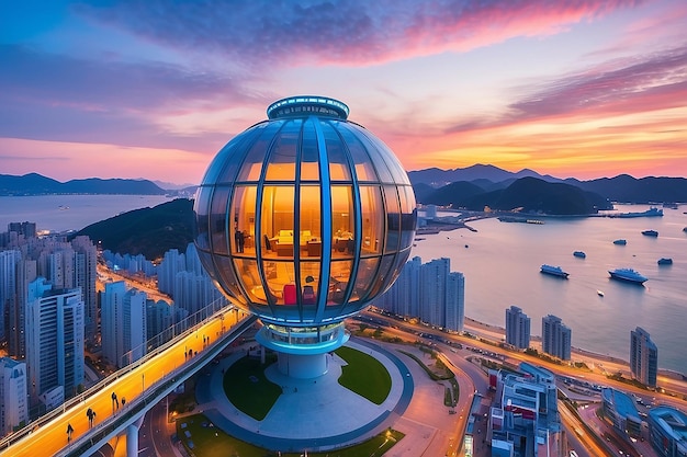 写真 魔法の時間に混雑した香港の建物のパノラマ空中景色