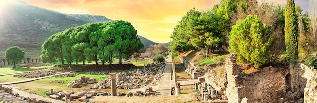 Panorama of the ancient city of Ephesus in Turkey at sunset