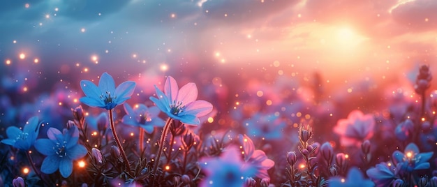 Panorama banner of bluebells and campanulas blooming in a garden against a magical sky full of stars and stunning clouds