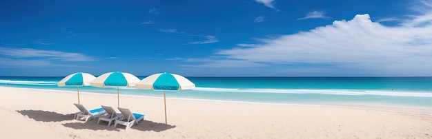 해변에 있는 일광욕 의자의 파노라마 배너 사진 Generative AI