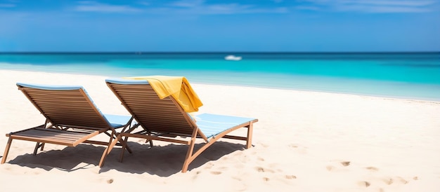 Panorama banner photo of sun lounger on the beach generative ai