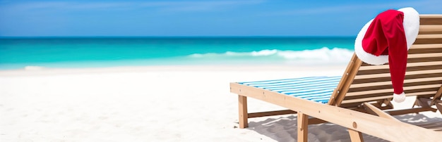 Panorama banner photo of sun lounger on the Christmas beach vacation Generative AI