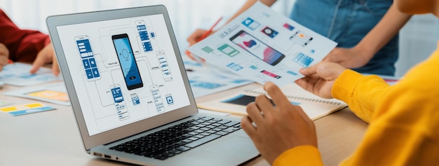 Panorama banner of startup company employee planning on user interface synergic