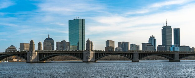 Photo panorama for banner of train running over the longfellow bridge the charles river