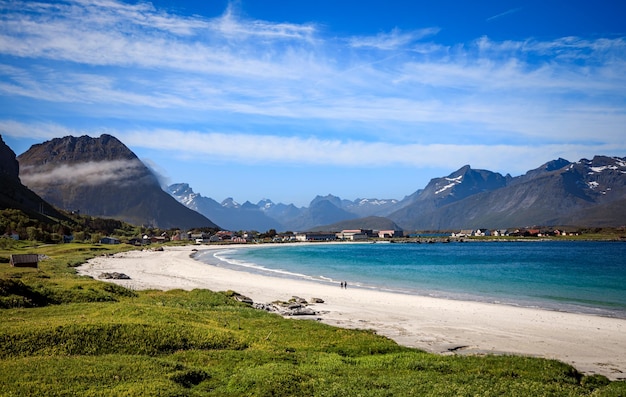 Panorama Beach Lofoten islands is an archipelago in the county of Nordland, Norway. Is known for a distinctive scenery with dramatic mountains and peaks, open sea and sheltered bays, beaches