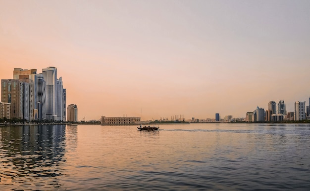 Panorama of a beautiful Bay view in the Arabian Gulf with a view of Sharjah.