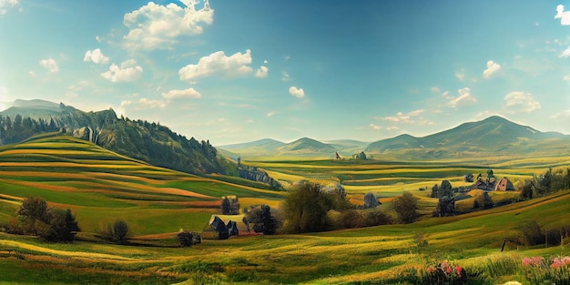 Panorama of beautiful countryside of romania. sunny afternoon. wonderful springtime landscape in mou