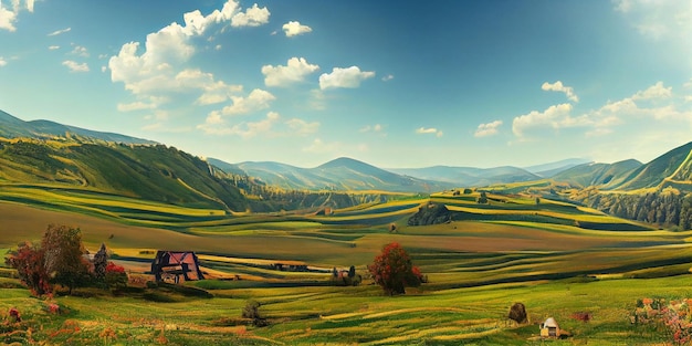 Panorama of beautiful countryside of romania. sunny afternoon. wonderful springtime landscape in mou
