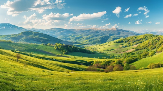 panorama of beautiful countryside of romania sunny afternoon wonderful springtime landscape in mountains