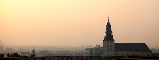 Panorama beautiful sunset in Brussels with a view of the Catholic cathedral