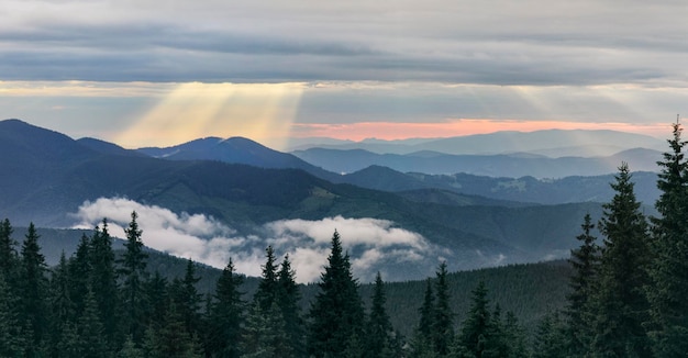 Panorama of beautiful sunset in Ukrainian Carpathians