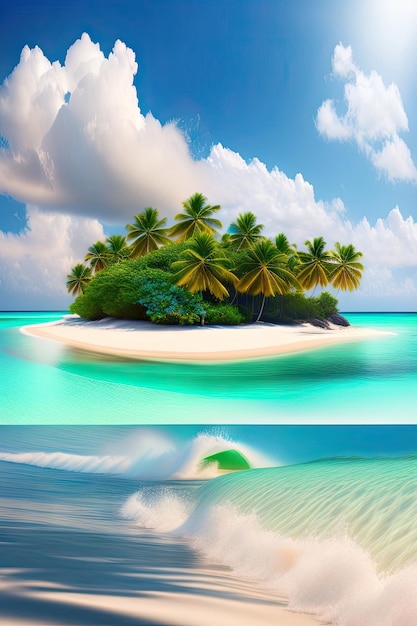 Panorama of a beautiful white sand beach and turquoise water in Maldives