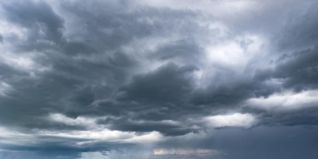 Panorama of black sky background with storm clouds thunder front