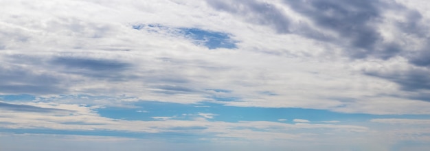 Panorama of blue sky with white and gray clouds