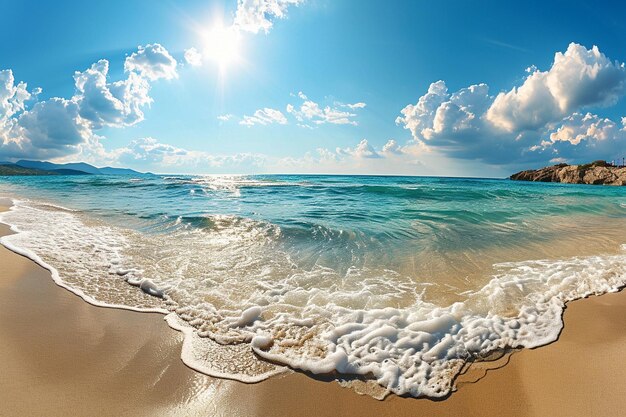 Foto filtro panoramico di spiaggia blu soleggiato