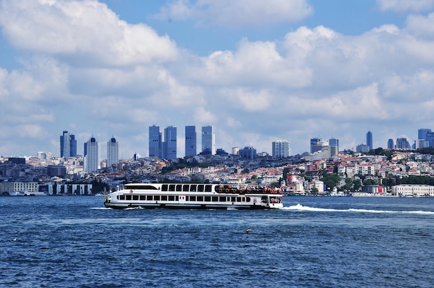 Panorama of the Bosphorus Strait in Istanbul. View of the pleasure ship and city buildings. July 11, 2021, Istanbul, Turkey.