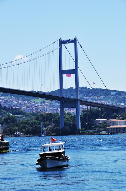 Panorama of the Bosphorus. View of the bridge, fishing boat. 09 July 2021, Istanbul, Turkey.