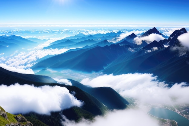 Panorama boven de wolken vanuit het vliegtuigvenster Generatieve AI