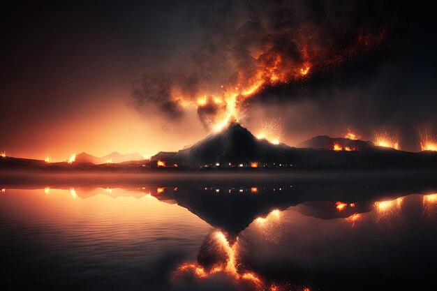 Panorama brandende natuur Nachtopname Ramp, brandstichting en extreme gebeurtenissen