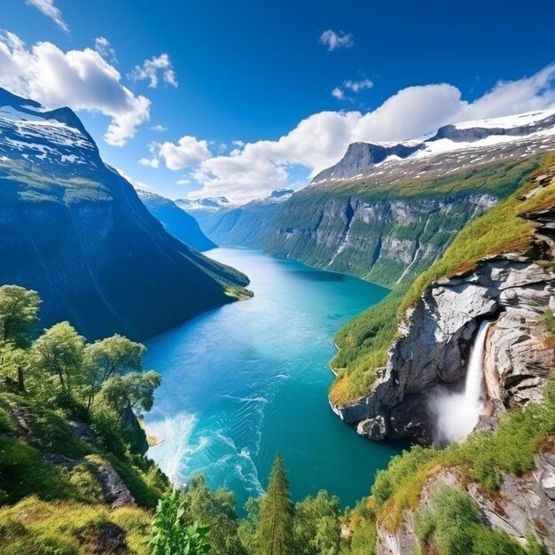 Photo panorama of breathtaking view of sunnylvsfjorden fjord and famous seven sisters waterfal