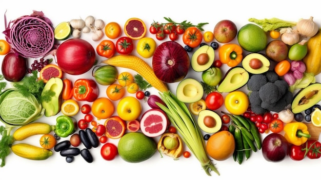 Panorama bright vegetables and fruits isolated
