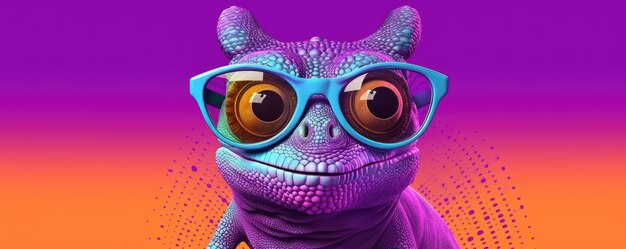 Panorama of chameleon with sunglasses on multicolor pastel background Generative Ai