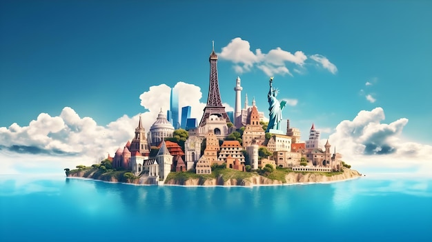 panorama of the city in the middle of water summer travel concept