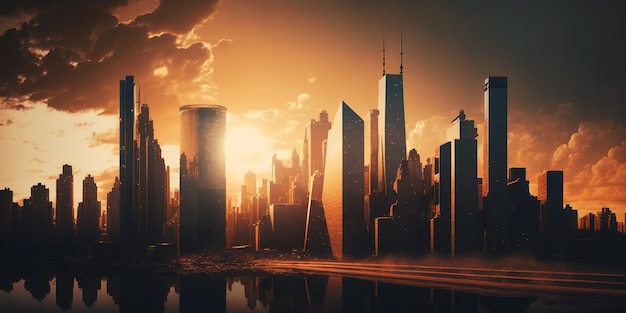 Panorama of a city's skyline and buildings at sunset