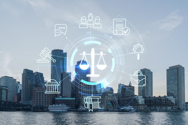 Panorama city view of Boston Harbor at day time Massachusetts Buildings of financial downtown Glowing hologram legal icons The concept of law order regulations and digital justice