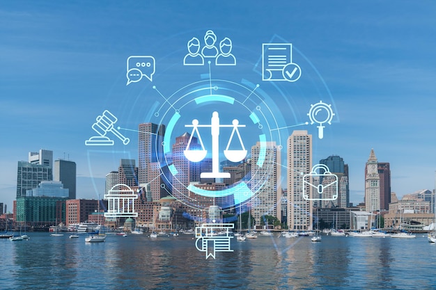 Panorama city view of Boston Harbor at day time Massachusetts Buildings of financial downtown Glowing hologram legal icons The concept of law order regulations and digital justice