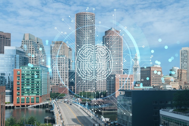 Panorama city view of Boston Harbor at day time Massachusetts Financial downtown Hologram of Artificial Intelligence concept AI and business machine learning neural network robotics