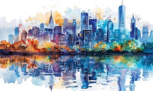 panorama of city watercolor