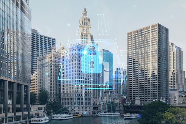 시카고 일리노이주 시카고 다운타운의 파노라마 도시 경관과 다리가 있는 리버워크 보드워크는 회사 기밀 정보를 보호하기 위한 사이버 보안 개념입니다.