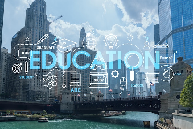 Panorama cityscape of Chicago downtown and Riverwalk boardwalk with bridges at day time Chicago Illinois USA Education concept Academic research top ranking universities hologram